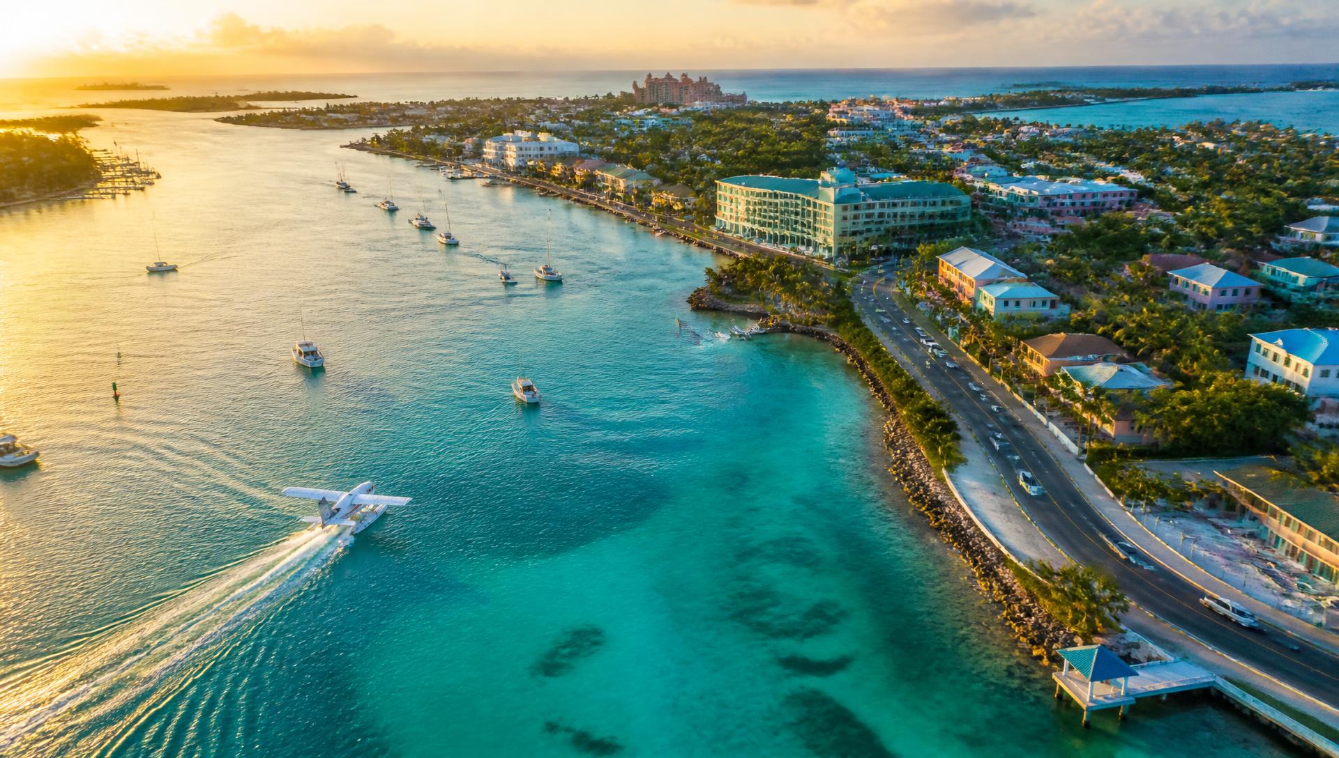 Aerial view of turquoise water and coastline in Nassau, The Bahamas